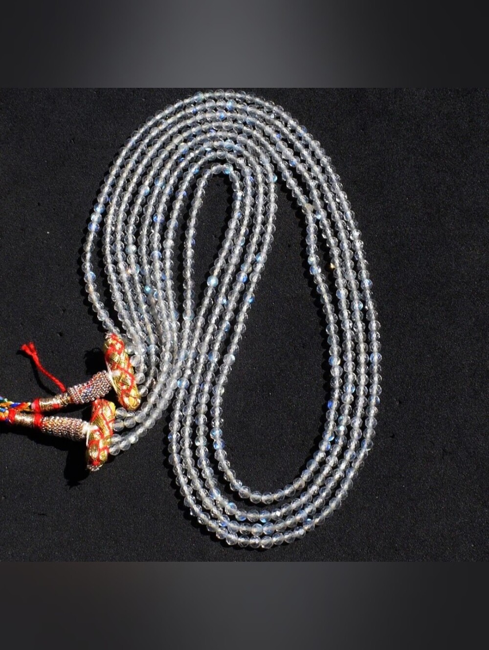 Labradorite Faceted Bead Mala Necklace with Red and Gold Tassels